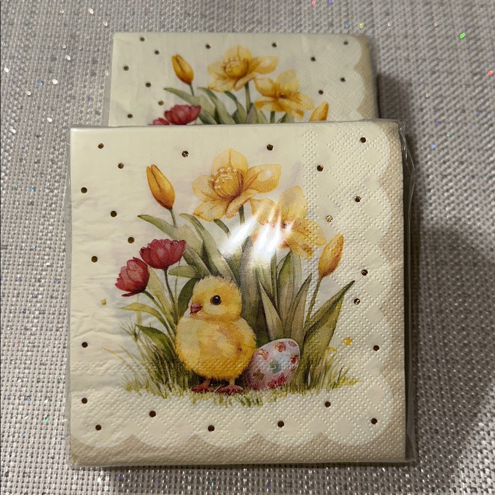 OCS Easter Beige Yellow Gold Pink Cheerful Chick Floral Square Napkins 40 pk x 2